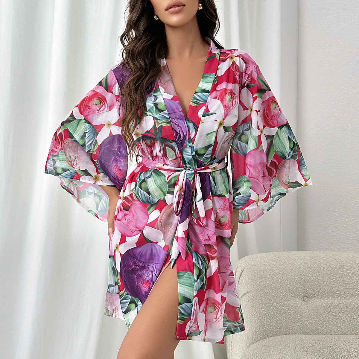 Ochtendjas dames katoen met bloemenprint voor een zomerse uitstraling