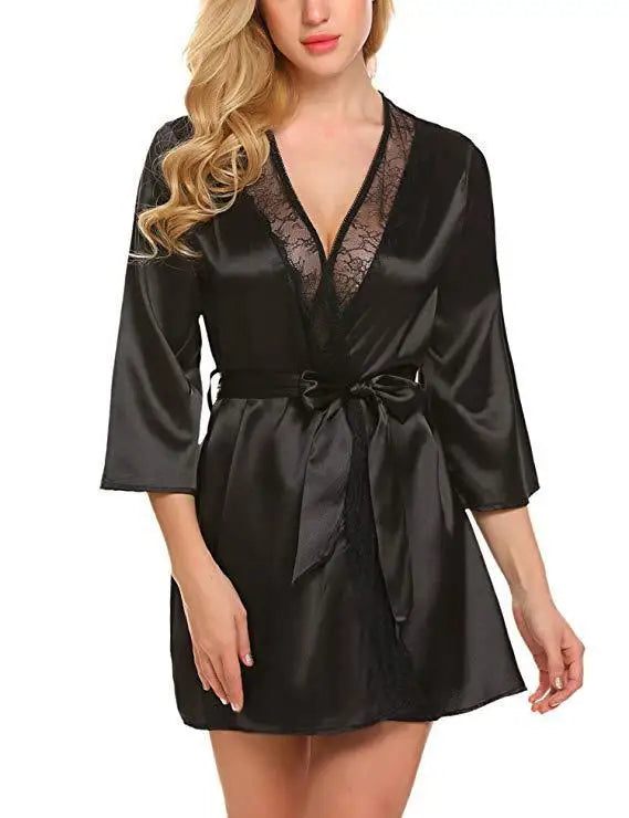 Ochtendjas voor dames - Zwarte zijde met kant voor een elegante ochtend