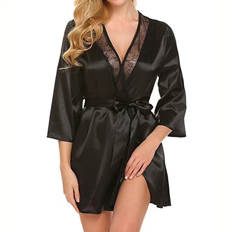 Ochtendjas voor dames - Zwarte zijde met kant voor een elegante ochtend