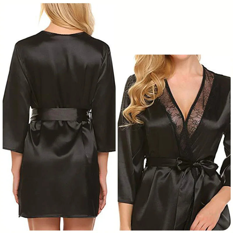 Ochtendjas voor dames - Zwarte zijde met kant voor een elegante ochtend