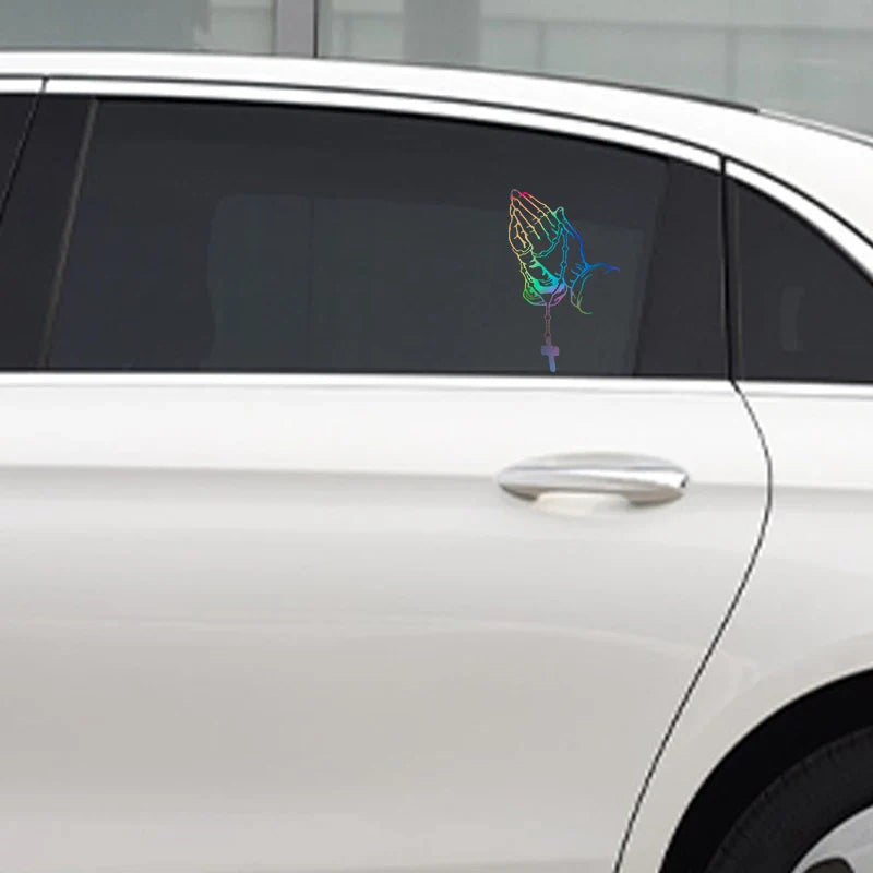 auto stickers - regenboog biddende handen met rozenkrans voor persoonlijke expressie