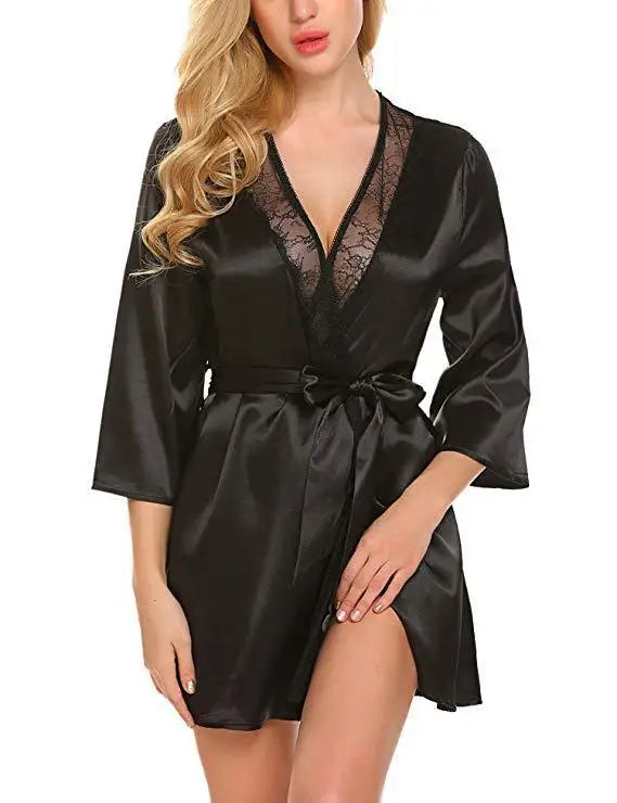 Ochtendjas voor dames - Zwarte zijde met kant voor een elegante ochtend