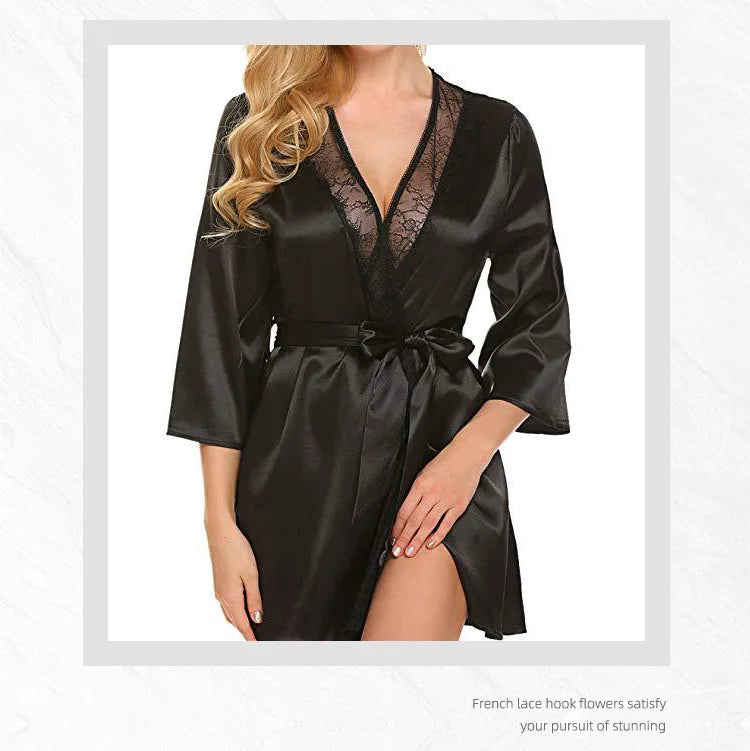 Ochtendjas voor dames - Zwarte zijde met kant voor een elegante ochtend