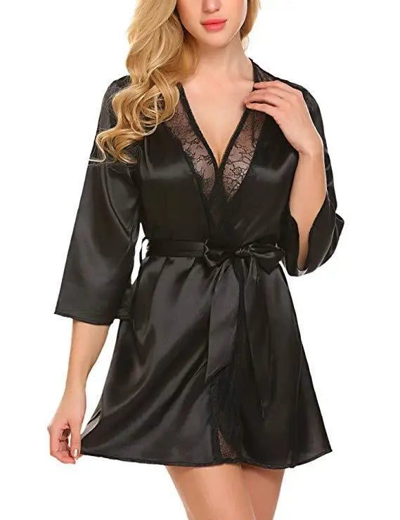 Ochtendjas voor dames - Zwarte zijde met kant voor een elegante ochtend