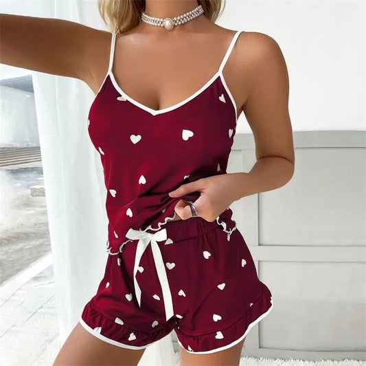 Dames pyjama set met hartjesprint - Rood