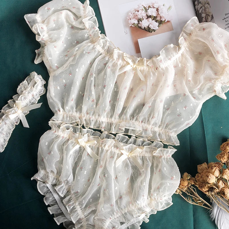 Dames pyjama katoen met romantisch design
