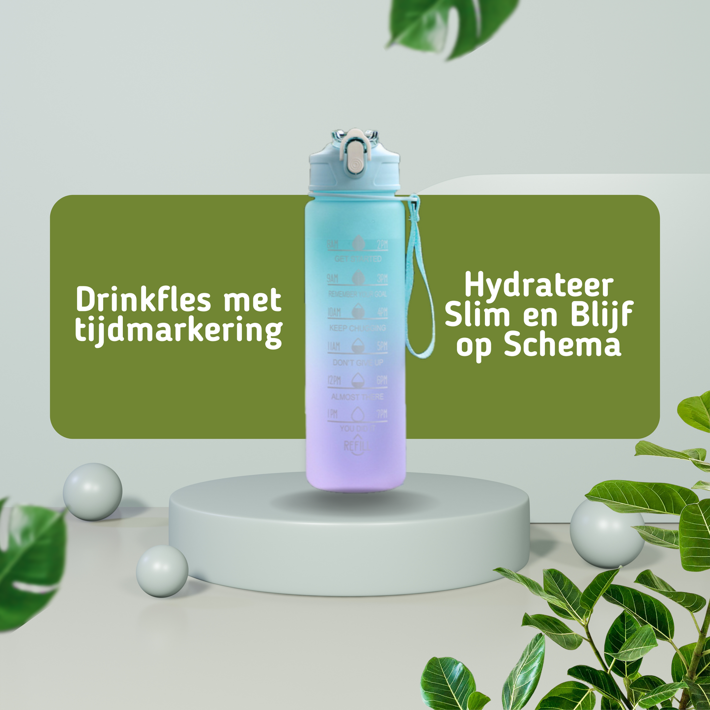 MOLOO Drinkfles met Tijdmarkering Blauw Waterfles 1 Liter Bidon Waterflesje Rietje Drinkflesje