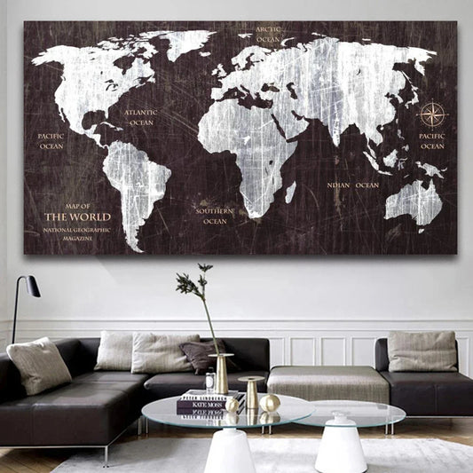 Wanddecoratie wereldkaart met houten werelddeelvormen