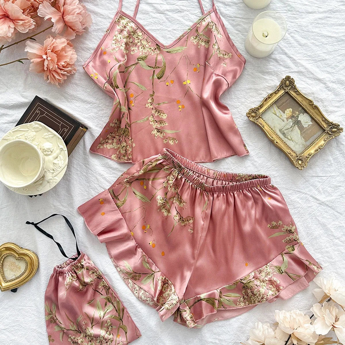 Dames pyjama katoen met romantisch design