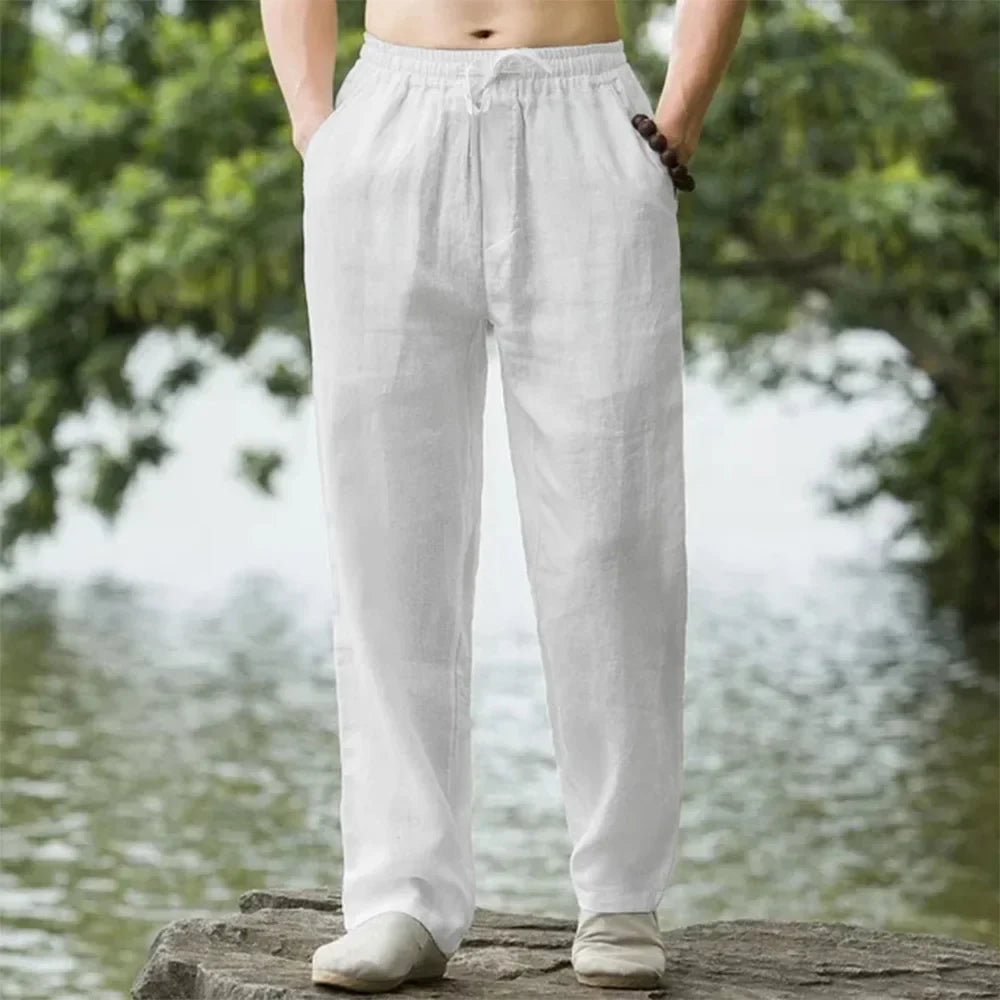 Heren linnenmix broek met knoopsluiting – Nette afwerking