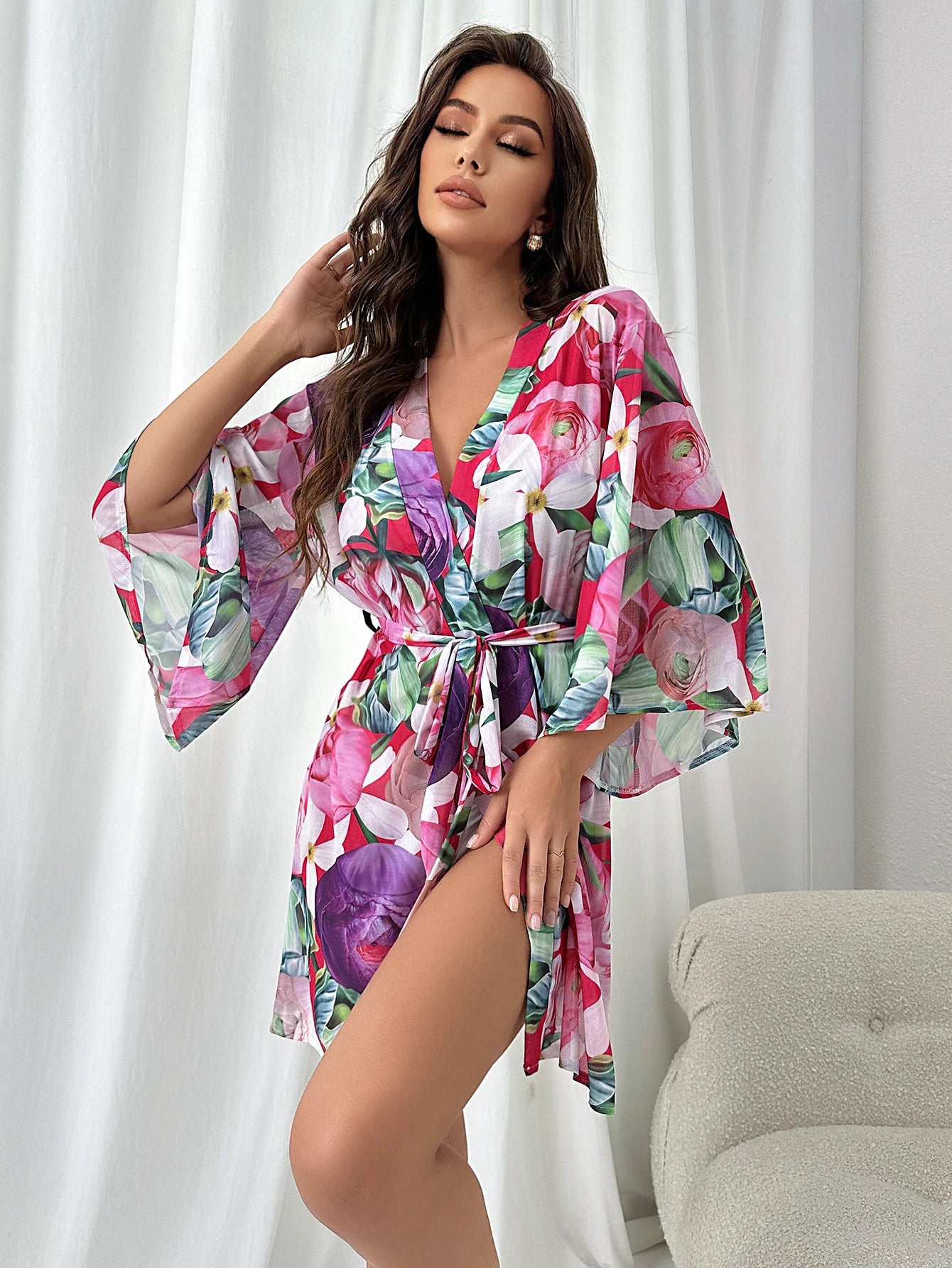 Ochtendjas dames katoen met bloemenprint voor een zomerse uitstraling