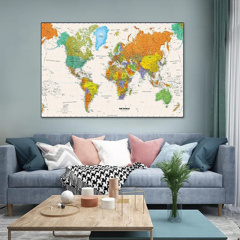 Wanddecoratie wereldkaart met linnen structuur