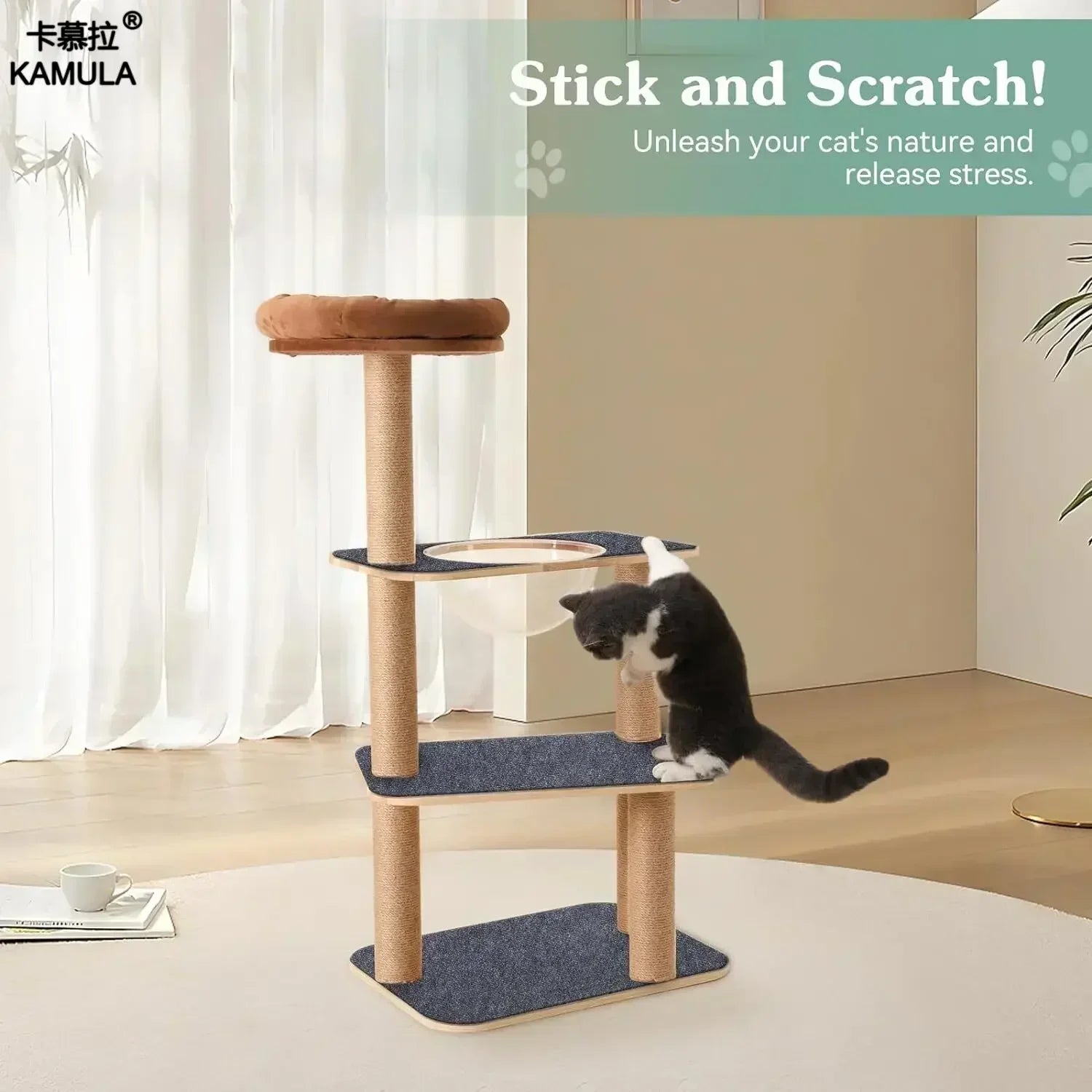 Houten kattenpaal met hangmat – Natuurlijk en rustgevend