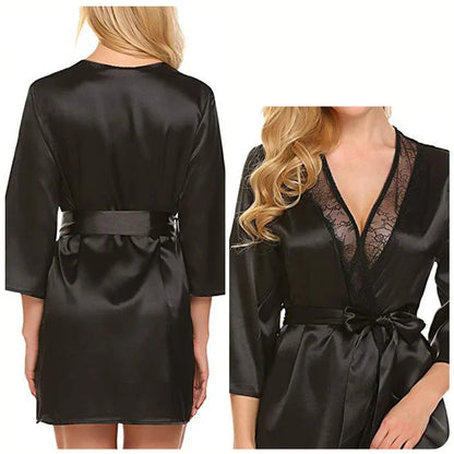 Ochtendjas voor dames - Zwarte zijde met kant voor een elegante ochtend