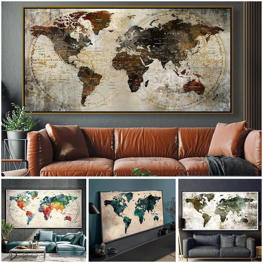 Wereldkaart wanddecoratie in zwart met goudaccenten