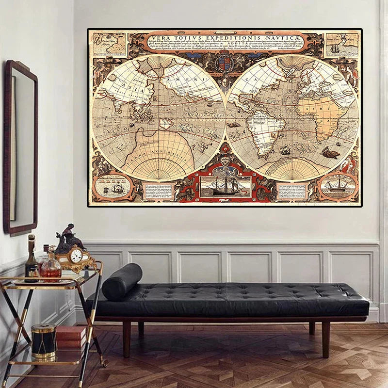 Wanddecoratie wereldkaart in warme bruintinten
