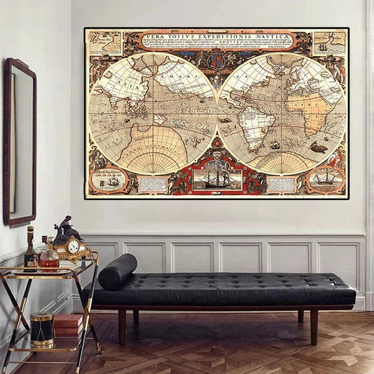 Wanddecoratie wereldkaart in warme bruintinten