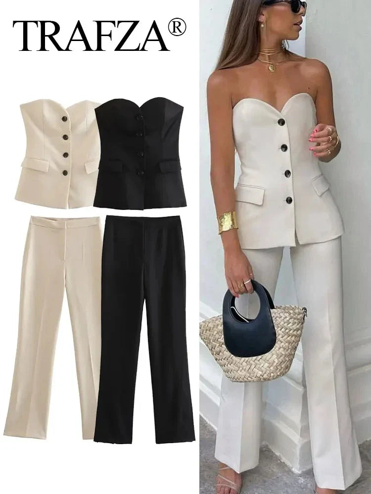 Feestelijk dames broekpak met metallic glans – Luxe uitstraling