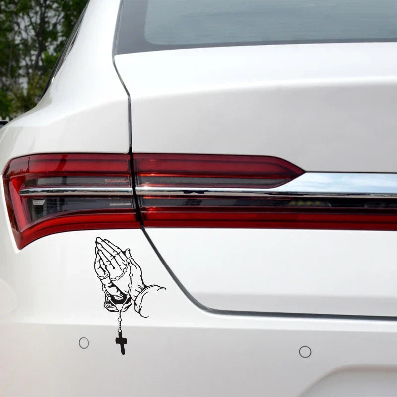 auto stickers - regenboog biddende handen met rozenkrans voor persoonlijke expressie
