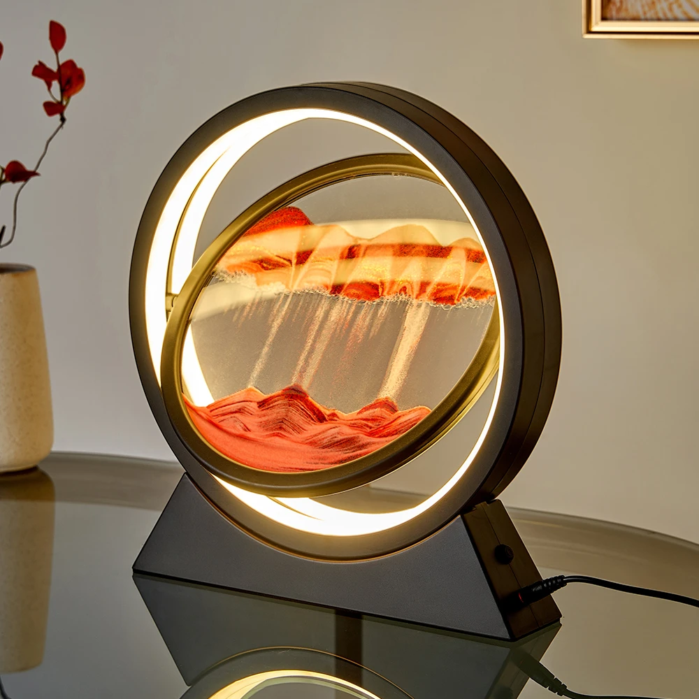 Zandkunst Lamp Decoratie Zwart Zandloper Met LED 360 Graden Draaibaar