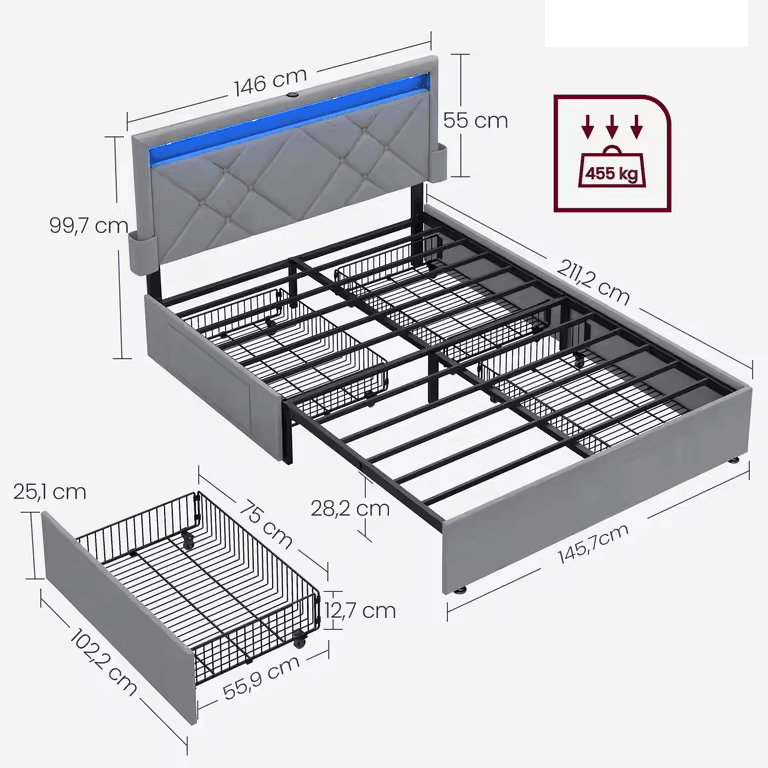 Tweepersoonsbed 160 x 200 - Grijs - Stijlvol & Comfortabel - ComfyThuis